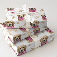 Puppy with Pink Scarf Christmas Gift Wrap, Golden Retriever Wrapping Paper, Watercolor Dog Wrapping Paper, Holiday Pet Gift Wrap Roll