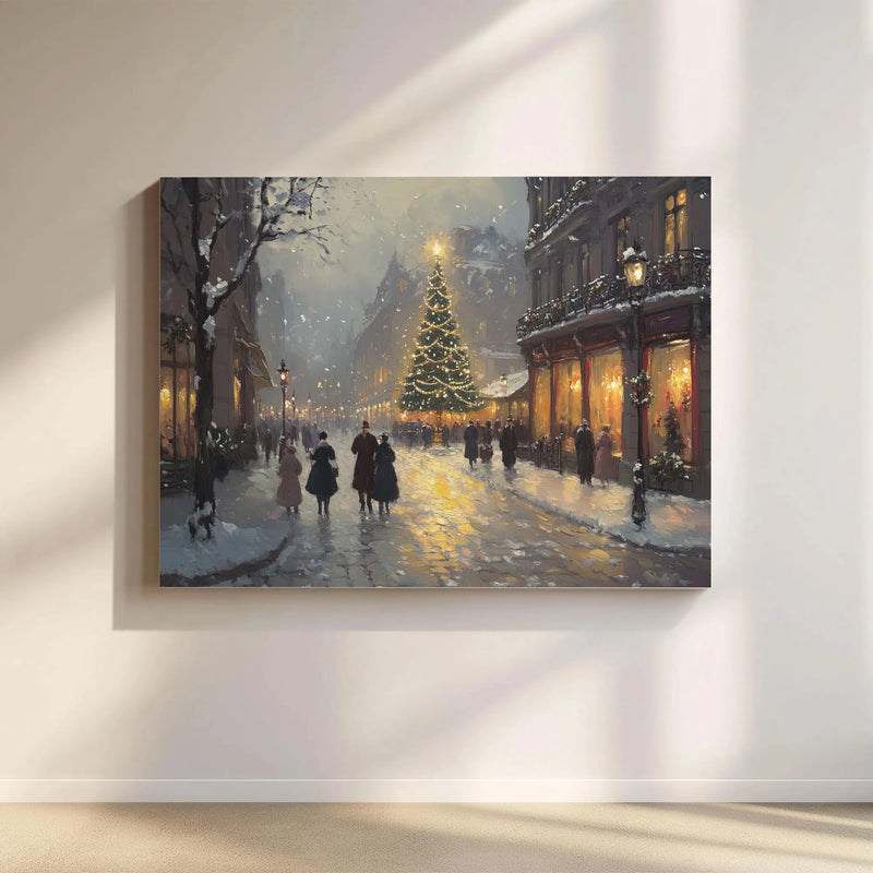 Snowy European City Wall Art, Victorian Christmas Street Scene Canvas, Festive Winter Oil Painting Print, Holiday Christmas Tree Canvas Art
