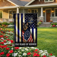 German Shepherd Thin Blue Line Garden Flag | 250 Years Police Service Commemorative | Double-Sided Polyester | Law Enforcement Support Gift
