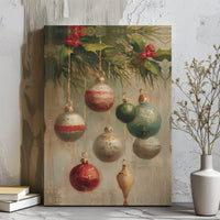 Holiday Baubles Holly Oil Painting Print, Vintage Christmas Ornaments Canvas Wall Art, Festive Winter Wall Decor, Digital Download Poster
