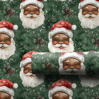 Green Holiday Pine Gift Wrap, Watercolor Black Santa Wrapping Paper, Inclusive Santa Claus Wrapping Paper, Festive Christmas Gift Wrap Roll