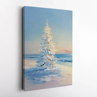 Snowy Beach Impressionist Wall Decor, Coastal Christmas Tree Canvas Art, Holiday Ocean Landscape Print, Digital Download Xmas Present