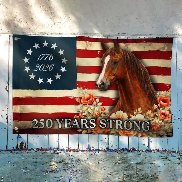 Horse American Flag House Flag | 250 Years Strong 1776-2026 | Double-Sided Polyester | Patriotic Farmhouse Decor Gift