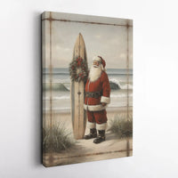 Vintage Surfing Santa Print, Coastal Santa Claus Canvas Wall Art, Tropical Christmas Canvas, Beach Holiday Decor, Surfer Santa Canvas Present