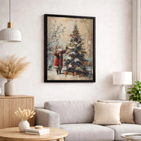 Snowy Christmas Tree Canvas Print, Vintage Santa Claus Canvas Wall Art, Nostalgic Holiday Santa Canvas Decor, Rustic Winter Wall Art Present
