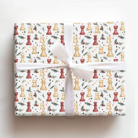 Watercolor Chess Pieces Gift Wrap, Christmas Chess Wrapping Paper, Holiday Pine Holly Wrapping Paper, Board Game Lover Gift Wrapping Paper