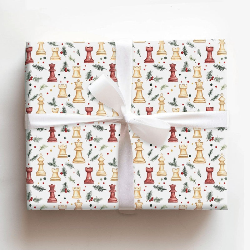 Watercolor Chess Pieces Gift Wrap, Christmas Chess Wrapping Paper, Holiday Pine Holly Wrapping Paper, Board Game Lover Gift Wrapping Paper