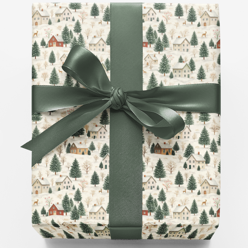 Snowy Pine Christmas Gift Wrap, Winter Village Cottage Wrapping Paper, Comfy Holiday Deer Wrapping Paper, Winter Cabin Present Wrapping Paper