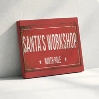 North Pole Christmas Canvas Print, Santas Workshop Canvas Wall Art, Vintage Holiday Sign Canvas Art, Rustic Winter Wall Decor Canvas
