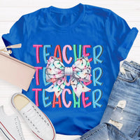 Festive Holiday Coquette Bow Shirt, Christmas Teacher Bow T-Shirt, Adorable Christmas Teacher Graphic Tee, Merry Xmas Educator Top