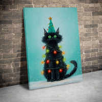 Whimsical Holiday Kitten Wall Art, Black Cat Christmas Tree Canvas, Festive Seasonal Cat Tree Print, Adorable Xmas Cat Lover Home Decor