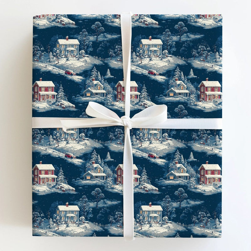 Comfy Winter Town Gift Wrap, Vintage Snowy Village Wrapping Paper, Nostalgic Christmas Wrapping Paper, Scenic Holiday Night Gift Wrap Roll