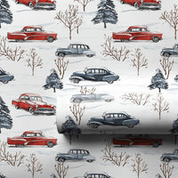 Retro Snowy Forest Gift Wrap, Vintage Car Christmas Wrapping Paper, Classic Car Holiday Wrapping Paper, Winter Vehicle Gift Wrapping Paper