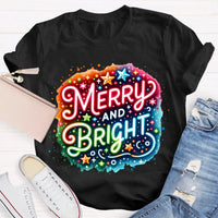 Colorful Retro Holiday Graphic Tee, Merry and Bright Tie Dye Christmas Shirt, Rainbow Xmas T-Shirt, Matching Holiday Outfit