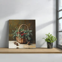 Rustic Holly Berry Canvas Print, Christmas Basket Still Life Canvas Wall Art, Winter Pinecone Painting, Holiday Decor Digital Download