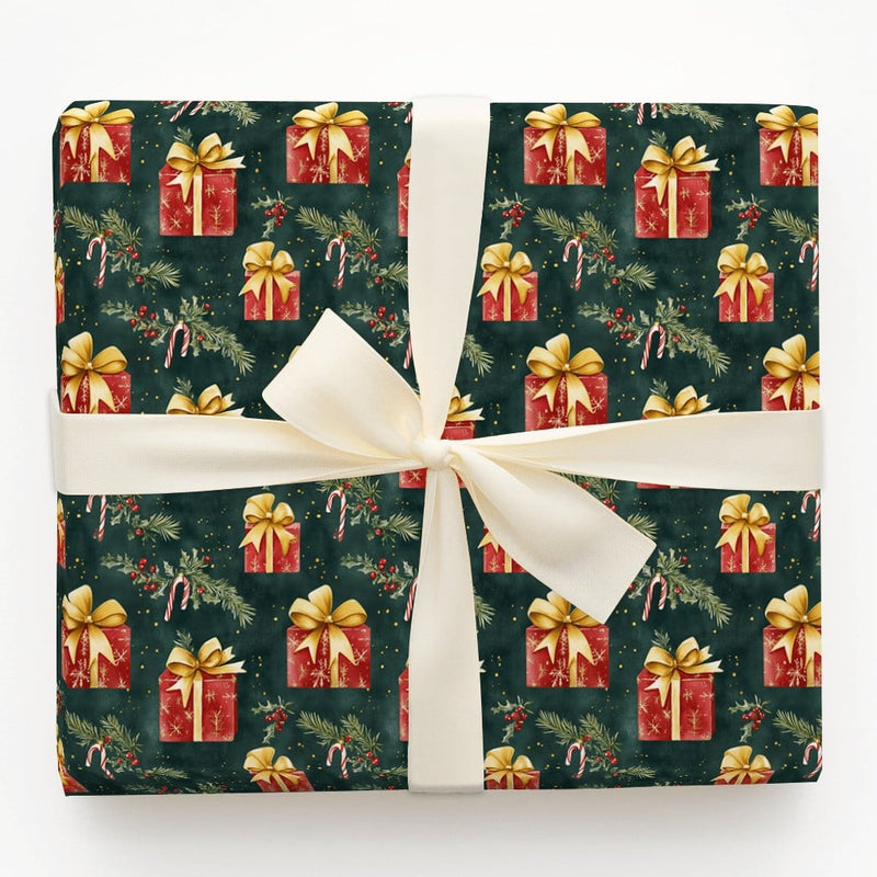 Candy Cane Holiday Gift Wrap, Watercolor Christmas Wrapping Paper, Dark Green Xmas Wrapping Paper, Holly Present Gift Wrap