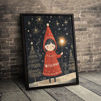 Whimsical Gnome Canvas Print, Winter Forest Girl Canvas Wall Art, Star Wand Holiday Canvas, Magical Christmas Wall Decor, Winter Art Present