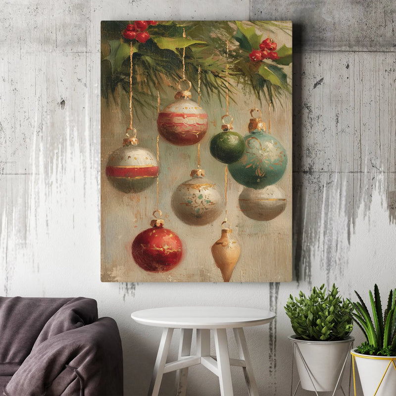 Holly Berries Painting Print, Vintage Christmas Ornaments Canvas Wall Art, Antique Baubles Canvas Decor, Traditional Holiday Home Present
