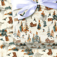 Watercolor Mountain Cabin Gift Wrap, Winter Skiing Wrapping Paper, Rustic Pine Tree Present Paper, Ski Slope Christmas Wrapping Paper Roll