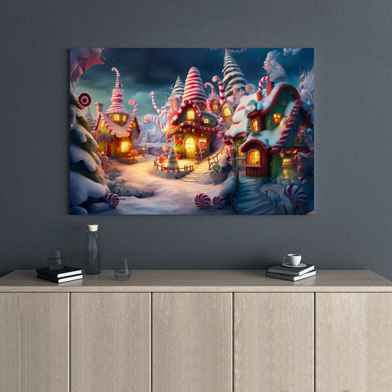 Gingerbread House Canvas Print, Whimsical Christmas Candy Village Canvas Art, Adorable Holiday Wall Poster, Festive Winter Home Decor Present