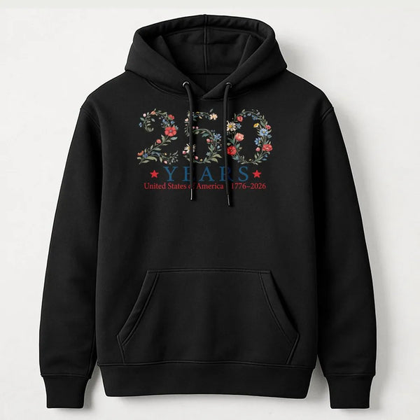 250 Years USA 1776-2026 Hoodie | Botanical Floral Commemorative Graphic | Premium Cotton-Blend | Patriotic Gift for Independence Day