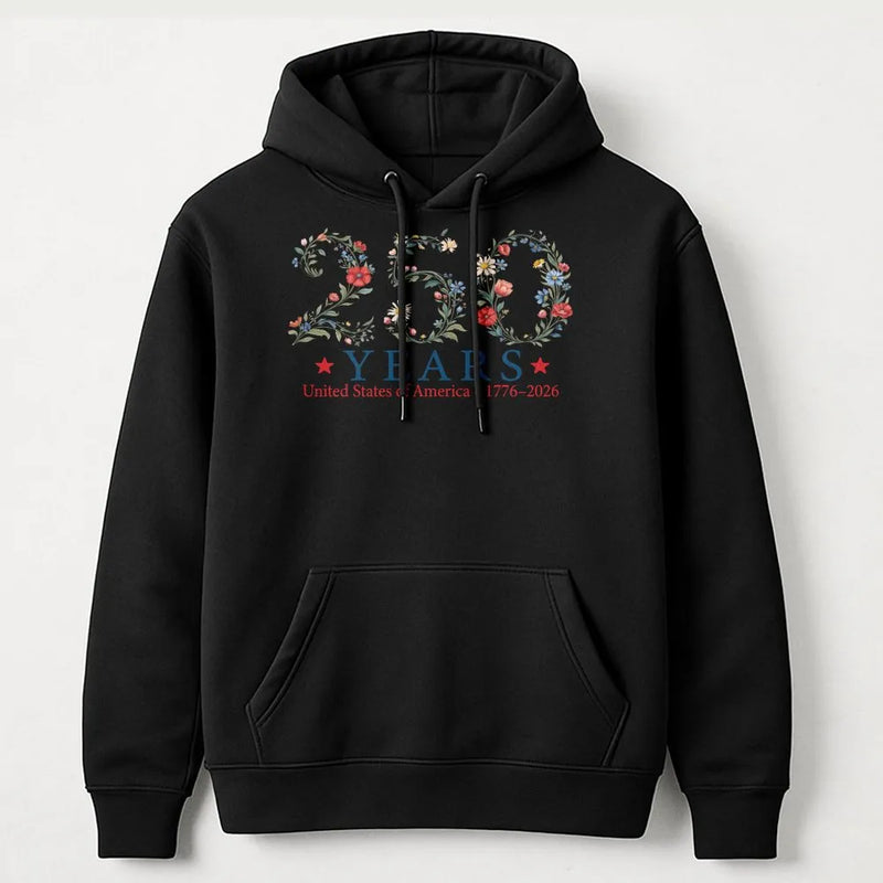 250 Years USA 1776-2026 Hoodie | Botanical Floral Commemorative Graphic | Premium Cotton-Blend | Patriotic Gift for Independence Day