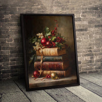 Antique Books and Holiday Ornaments Print, Christmas Still Life Canvas, Festive Christmas Canvas Art, Christmas Farmhouse Wall Decor Present