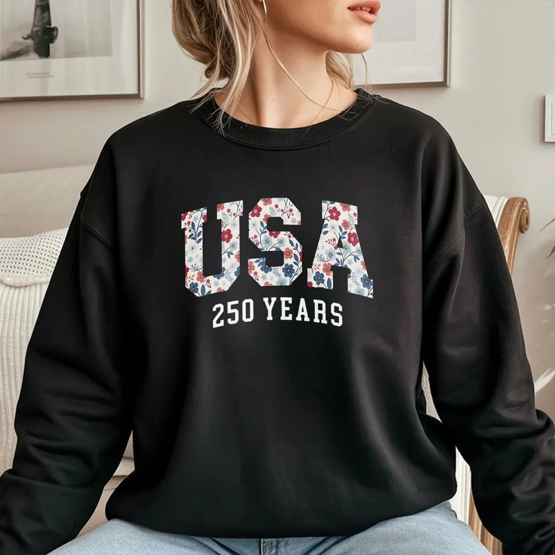 USA 250th Birthday Sweatshirt | Floral Americana 250 Years Celebration Design | Soft Cotton Blend Comfort | Gift for American History Lovers