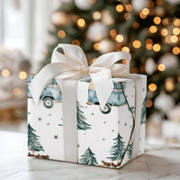 Retro Camper Van Gift Wrap, Vintage Blue Camper Wrapping Paper, Winter Pine Tree Camper Paper Roll, Christmas Travel Gift Wrapping Paper