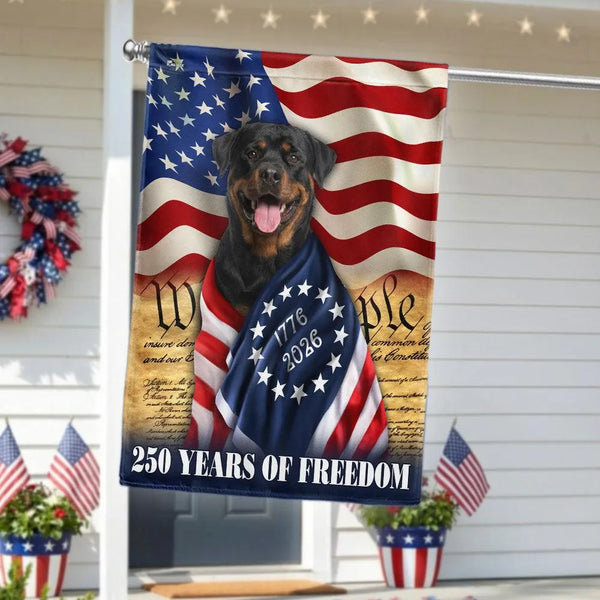 Rottweiler Garden Flag 250 Years of Freedom | American Flag Dog Design | Weather-Resistant Polyester | Patriotic Yard Decor for Dog Lovers