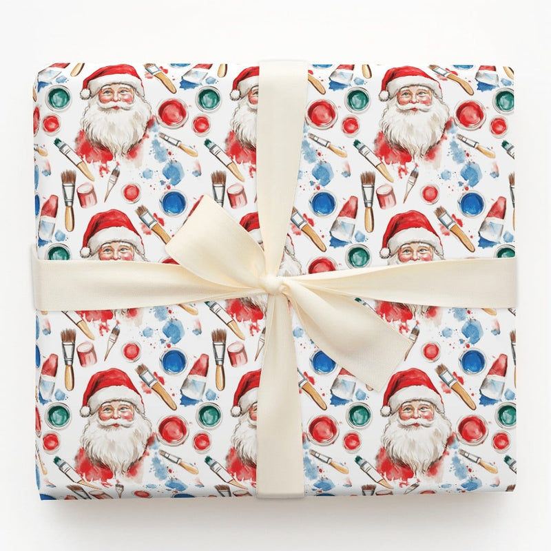 Watercolor Christmas Gift Wrap, Artist Santa Wrapping Paper, Paintbrush Holiday Wrapping Paper, Art Supplies Gift Wrap Roll