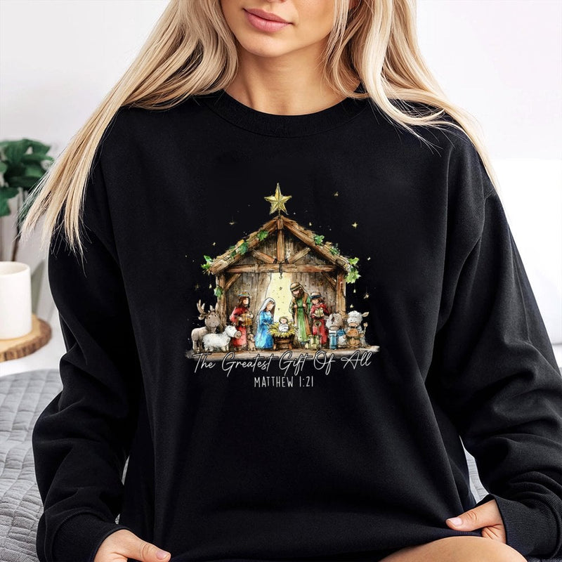 Greatest Present of All Crewneck, Nativity Scene Sweatshirt, Christian Christmas Sweatshirt, Religious Xmas Pullover, Faith Holiday Sweatshirt