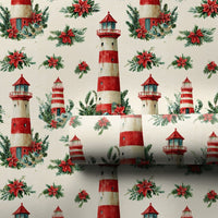 Poinsettia Nautical Holiday Gift Wrap, Coastal Lighthouse Christmas Wrapping Paper, Beach Christmas Wrapping Paper, Gift Wrapping Paper