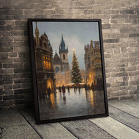Vintage City Square Winter Wall Art, Snowy European Christmas Market Canvas Art, Comfy Holiday Town Canvas Print, Seasonal Xmas Home Decor