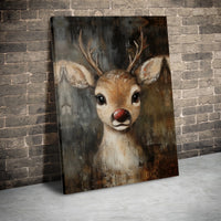 Whimsical Holiday Animal Canvas Print, Red Nosed Reindeer Canvas Wall Art, Christmas Reindeer Wall Decor, Festive Winter Home Art Present