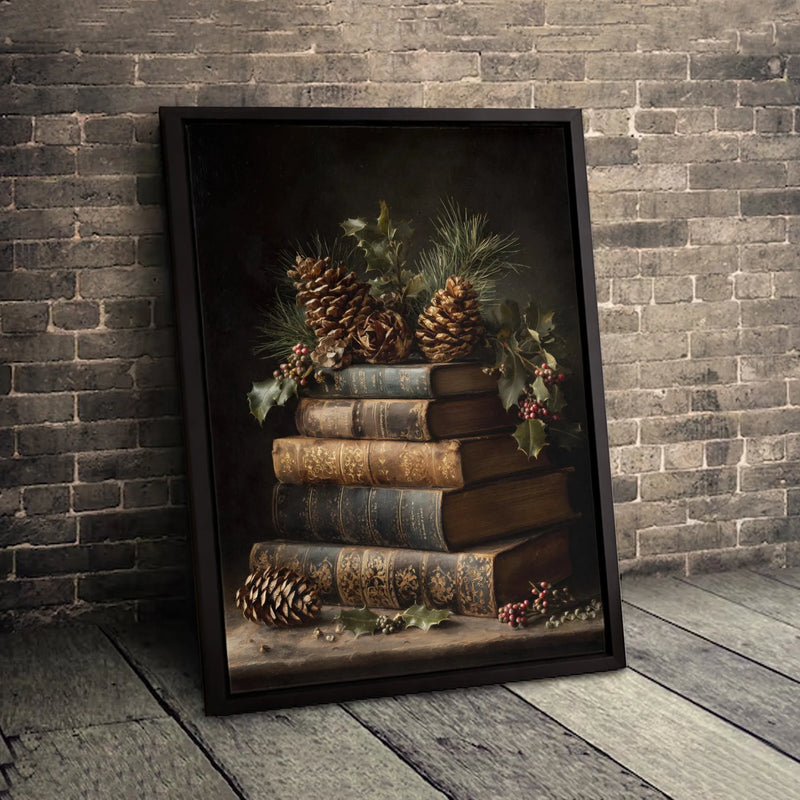 Christmas Book Still Life Canvas Art, Vintage Book Stack Wall Art, Dark Academia Holiday Wall Art Print, Holly Berry Decor, Digital Download