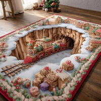 3D Christmas Illusion Floor Carpet, Cookie Lane Gingerbread Village Area Rug, Washable Non-Slip Mat, Holiday Living Room Decor Present
