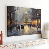 Snowy European City Wall Art, Victorian Christmas Street Scene Canvas, Festive Winter Oil Painting Print, Holiday Christmas Tree Canvas Art