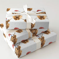 Santa Hat Cow Gift Wrap, Christmas Highland Cow Wrapping Paper, Watercolor Snowflake Wrapping Paper, Rustic Farmhouse Holiday Gift Wrap Roll