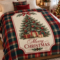 Red Green Tartan Plaid Throw Blanket, Merry Christmas Tree Sherpa Blanket, Holiday Couch Blanket, Festive Plaid Fleece Blanket