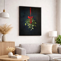 Red Ribbon Christmas Canvas Print, Hanging Mistletoe Canvas Wall Art, Holiday Botanical Wall Decor, Winter Floral Canvas, Festive Xmas Present