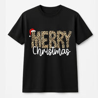 Leopard Print Graphic Holiday Tee, Merry Christmas T-Shirt, Buffalo Plaid Christmas Shirt, Adorable Festive Xmas Graphic Tee for Women