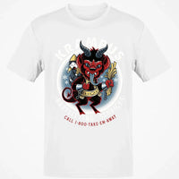 Humorous Christmas Horror Graphic Tee, Krampus Babysitting Service T-Shirt, Spooky Holiday Folklore Shirt, Alpine Demon Winter Top