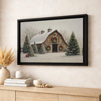 Snowy Winter Farmhouse Canvas, Christmas Barn Canvas Wall Art, Rustic Holiday Evergreen Canvas Print, Country Home Decor, Digital Download