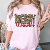 Leopard Print Graphic Holiday Tee, Merry Christmas T-Shirt, Buffalo Plaid Christmas Shirt, Adorable Festive Xmas Graphic Tee for Women