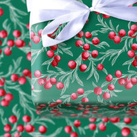 Botanical Winterberry Gift Wrap, Christmas Wrapping Paper, Red Berry Holiday Wrapping Paper, Dark Green Christmas Gift Wrapping Paper Roll