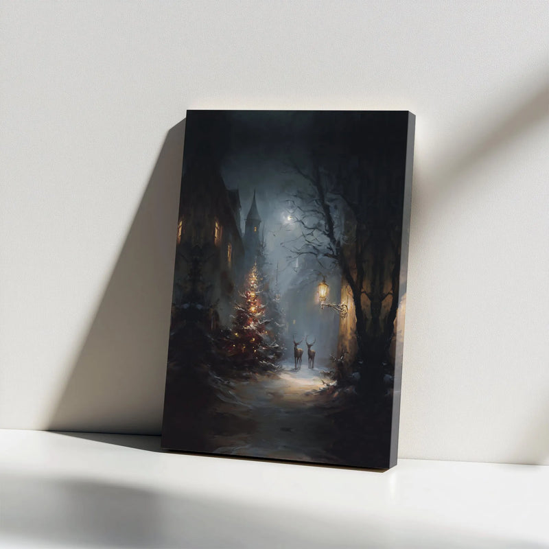 Winter Night Deer and Tree Scene Wall Art, Snowy Christmas Village Canvas Print, Moody Holiday Decor Poster, Digital Download
