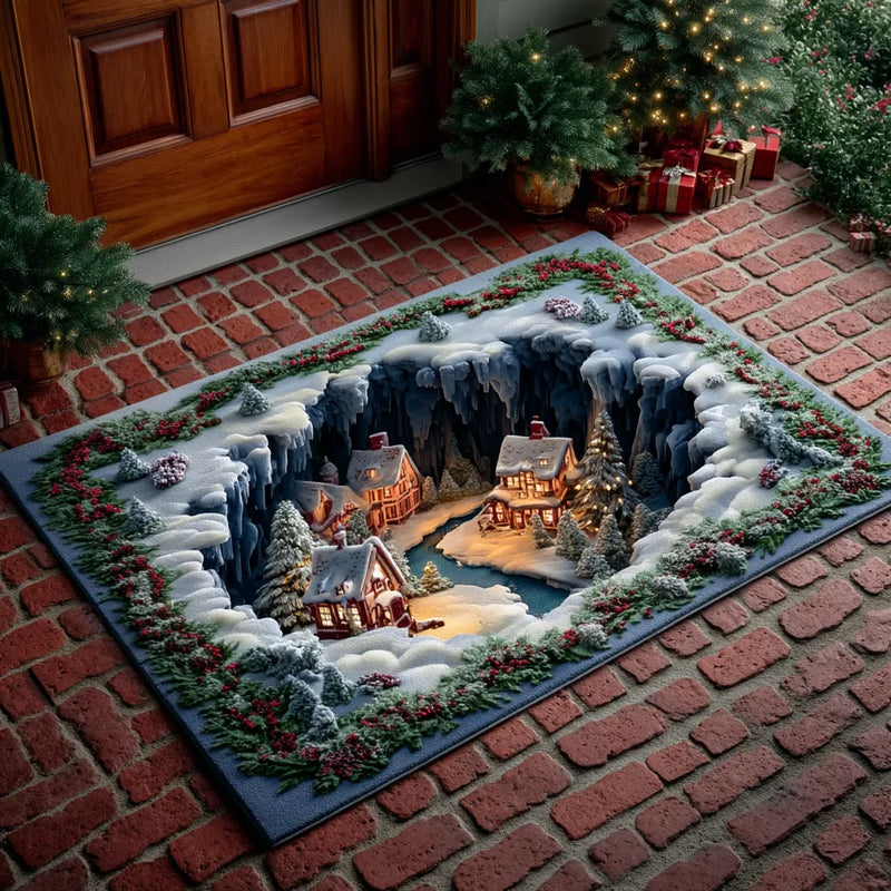 Winter Holiday Town Welcome Mat, Jolly Christmas Village Doormat, Festive Santa Porch Rug, Non-Slip Xmas Entryway Floor Decor