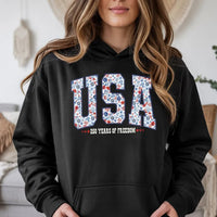USA 250 Years Hoodie | Floral Varsity Lettering | Cotton-Polyester Blend | Patriotic 4th of July Anniversary Gift