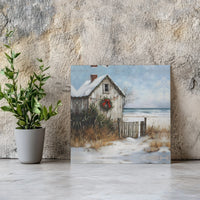 Snowy Seaside Shack Painting Print, Coastal Christmas Beach Cottage Canvas Art, Nautical Holiday Wall Decor, Winter Digital Download